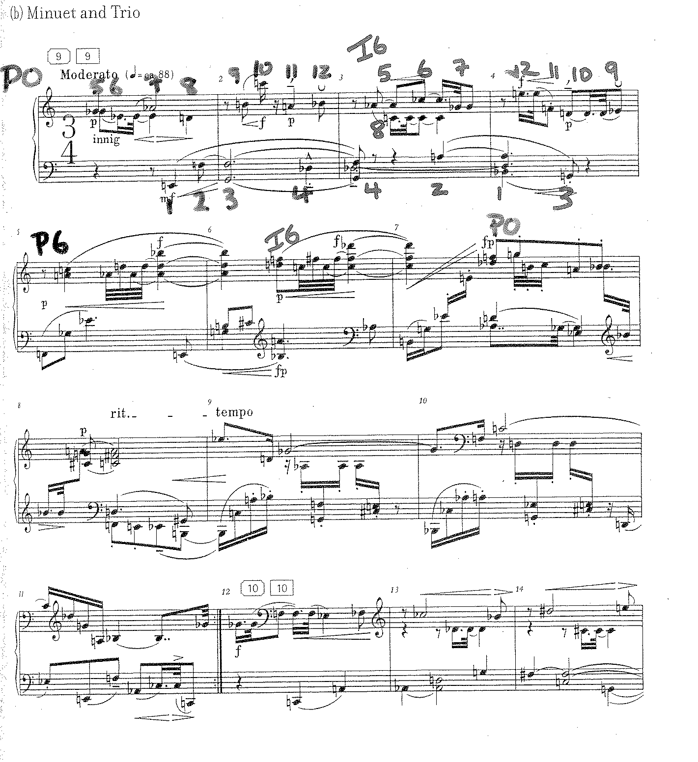 Schoenberg, Piano Suite, Op. 25 — Minuet & Trio, with row annotations (P0, I6)