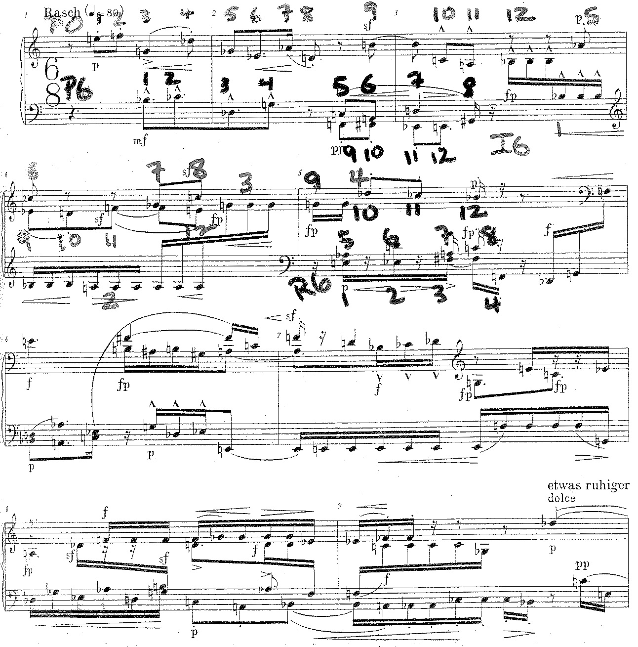 Schoenberg, Piano Suite, Op. 25 — Prelude, with tone row annotations (P6, I6, R6)