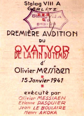 Program for the premiere of the Quartet for the End of Time, Stalag VIII-A, January 15, 1941