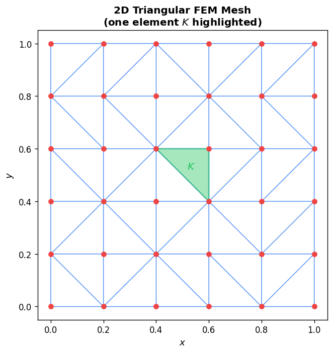2D triangular FEM mesh on the unit square with one highlighted element K