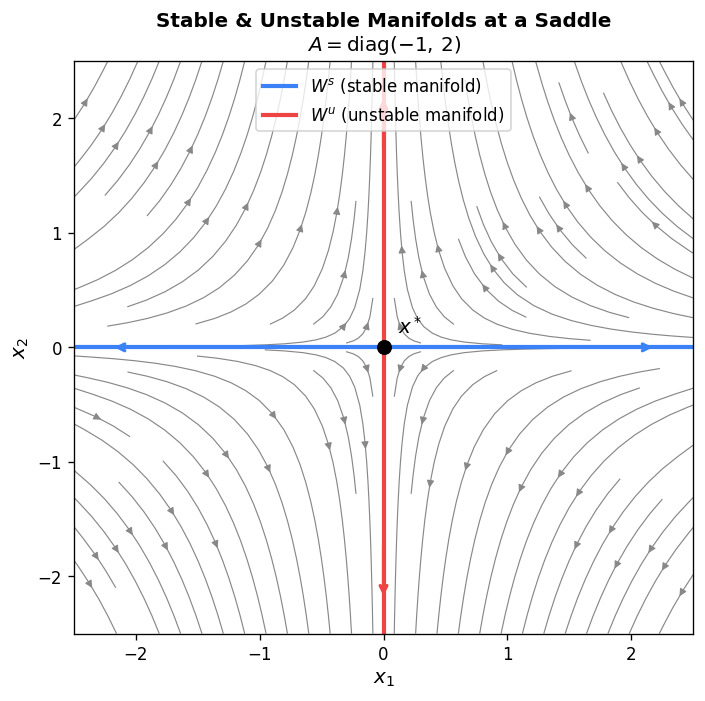 Stable and unstable manifolds at a saddle equilibrium