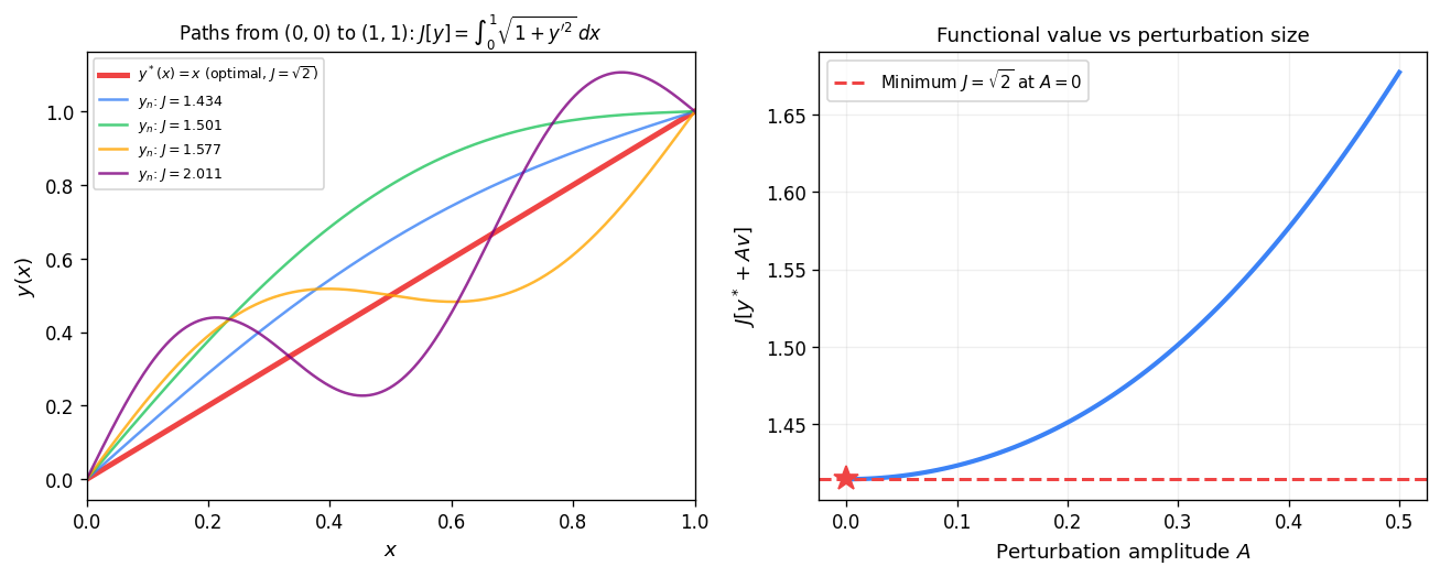 Arc-length functional : several paths from  to  with their  values (left); functional value vs perturbation amplitude , minimized at  (straight line, right).