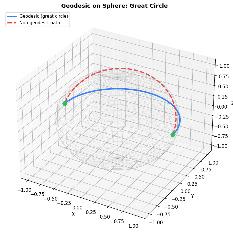 Geodesic on sphere: great circle (blue) vs non-geodesic path (red dashed)