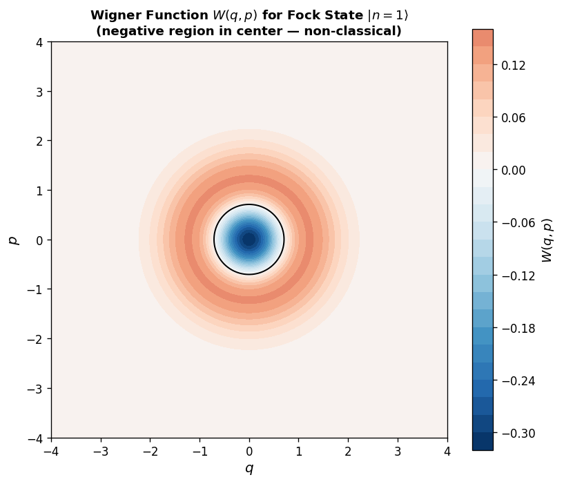 Wigner function for Fock state |n=1⟩ showing negative values (non-classical)