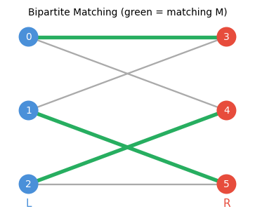 Bipartite graph with a matching highlighted in green