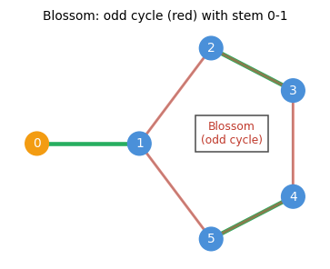 Non-bipartite graph showing a blossom (odd cycle) with stem