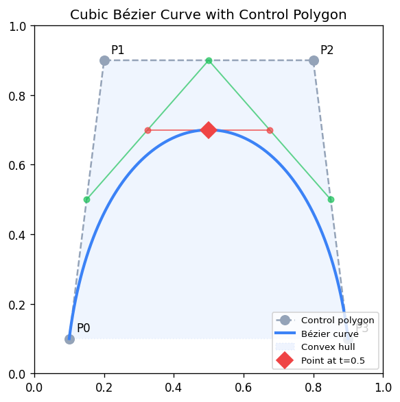 Cubic Bézier curve with control polygon, convex hull, and de Casteljau construction at t=0.5